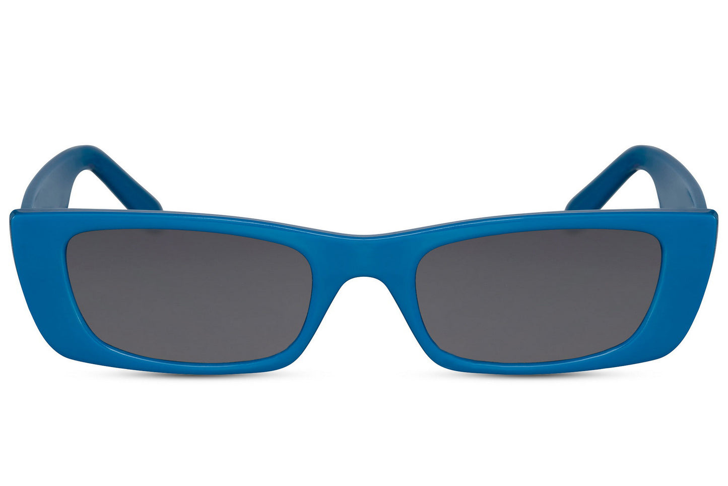 Blue frame sleek rectangle party sunglasses with dark lens — the blue tinted trend in a slim directional silhouette, the chromatic colourway that reads Amsterdam street style and Mediterranean coastal dressing simultaneously, free delivery UK & Europe