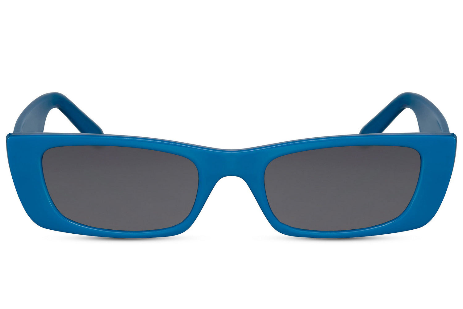 Blue frame sleek rectangle party sunglasses with dark lens — the blue tinted trend in a slim directional silhouette, the chromatic colourway that reads Amsterdam street style and Mediterranean coastal dressing simultaneously, free delivery UK & Europe