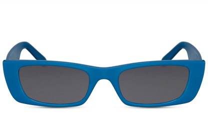 Blue frame sleek rectangle party sunglasses with dark lens — the blue tinted trend in a slim directional silhouette, the chromatic colourway that reads Amsterdam street style and Mediterranean coastal dressing simultaneously, free delivery UK & Europe