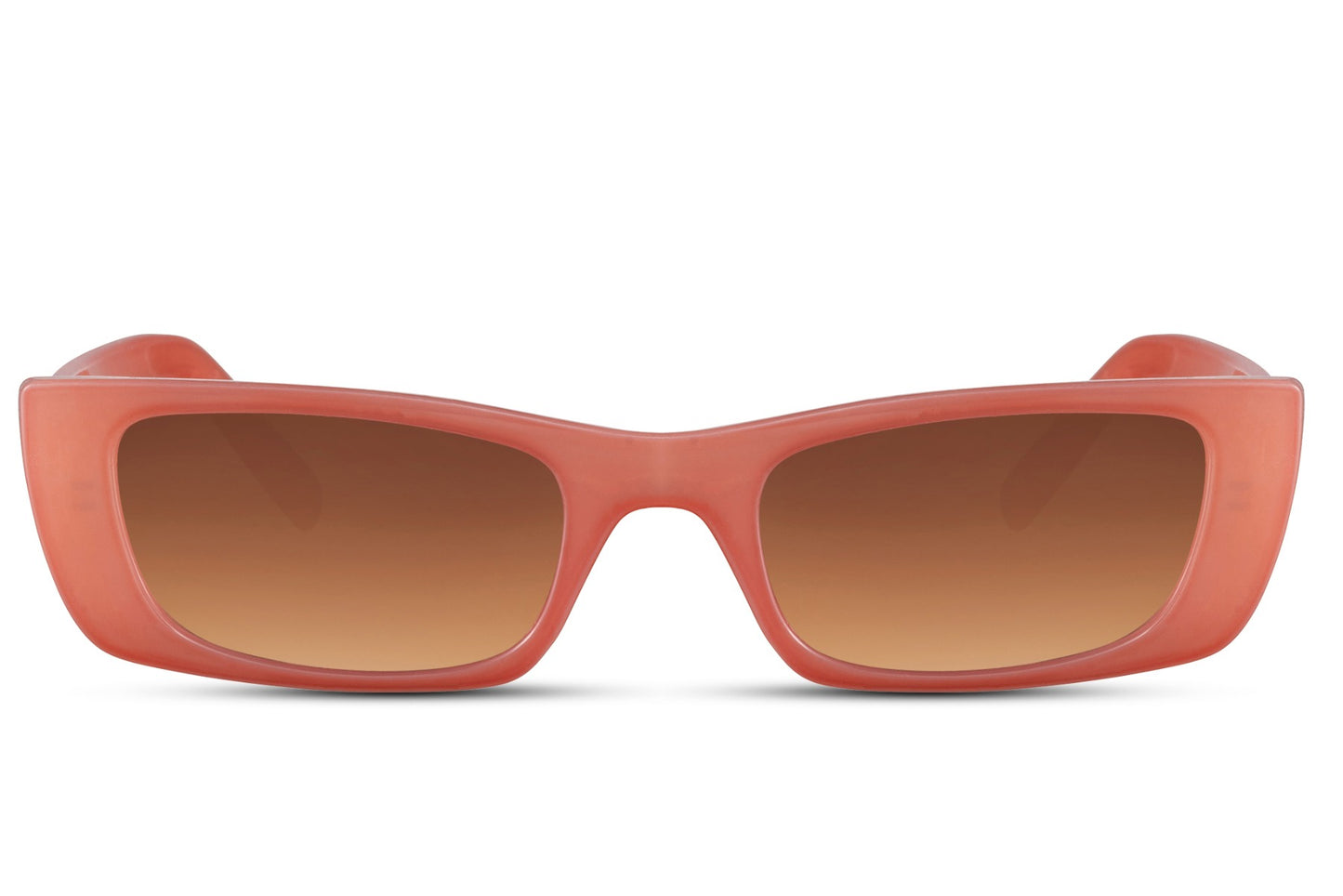 Coral pink frame sleek rectangle party sunglasses — warm Riviera colourway in an ultra-slim profile, the colour that belongs on a St Tropez terrace and a Glastonbury afternoon in equal measure, UV400 polycarbonate | Sunglass Station