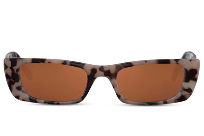 Leopard print sleek rectangle party sunglasses with brown lens — wild print in the most directional slim profile, the 70s Riviera animal print colourway for women who mix retro references with contemporary silhouettes, free delivery UK & Europe