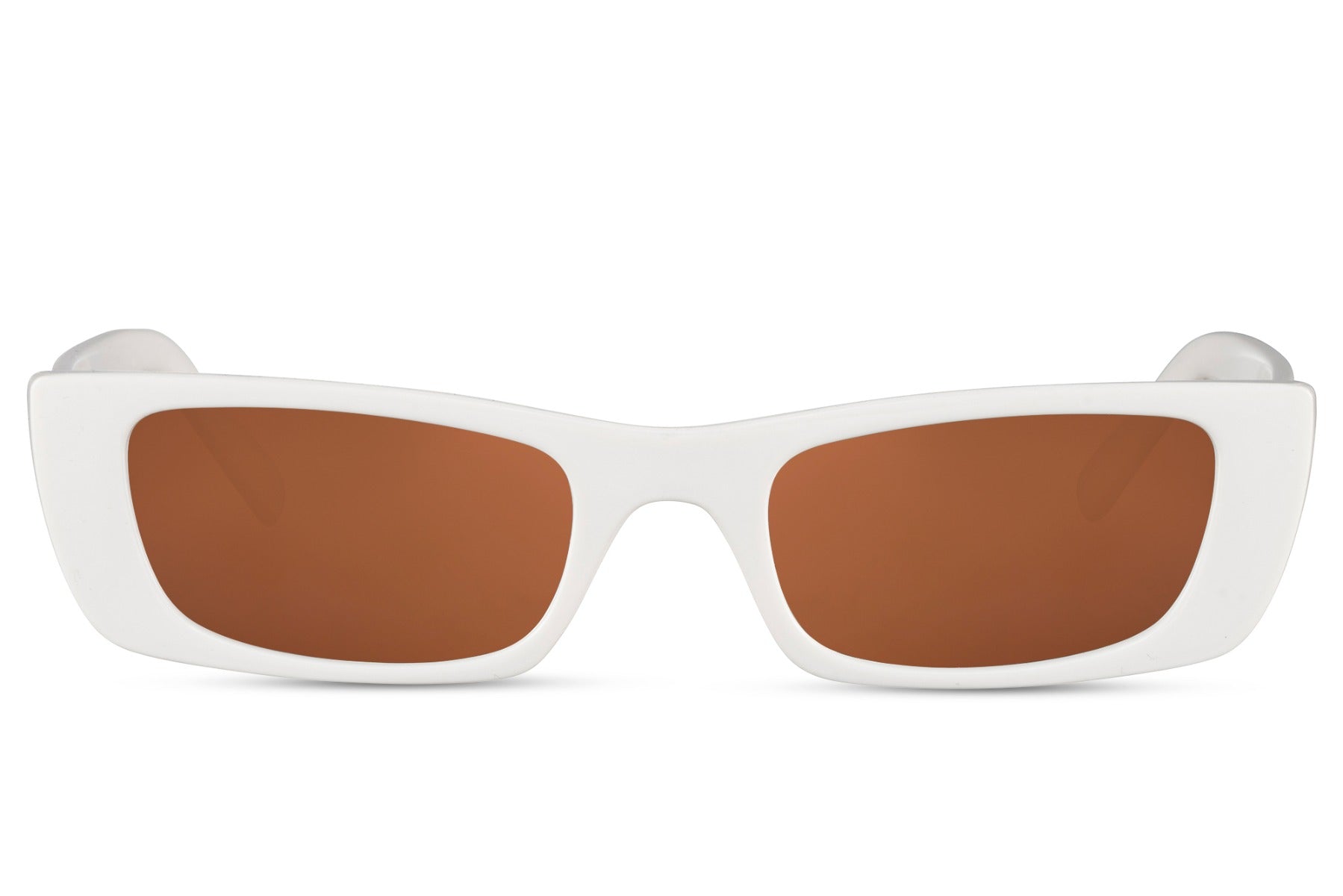 white frame sleek rectangle party sunglasses with brown lens — ultra-slim 3.5cm height shown across full 15cm width, the clean minimal colourway for women who let proportion do the work, UV400 | Sunglass Station