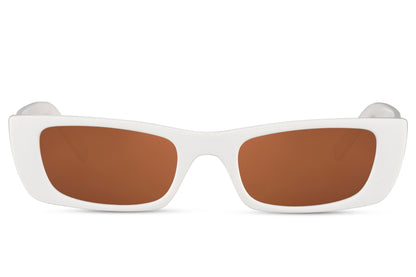 Elongated slim profile of white sleek rectangle party sunglasses — the most directional low-profile rectangle in the collection at 3.5cm height, sustainable polycarbonate for women who dress with precision, free delivery UK & Europe