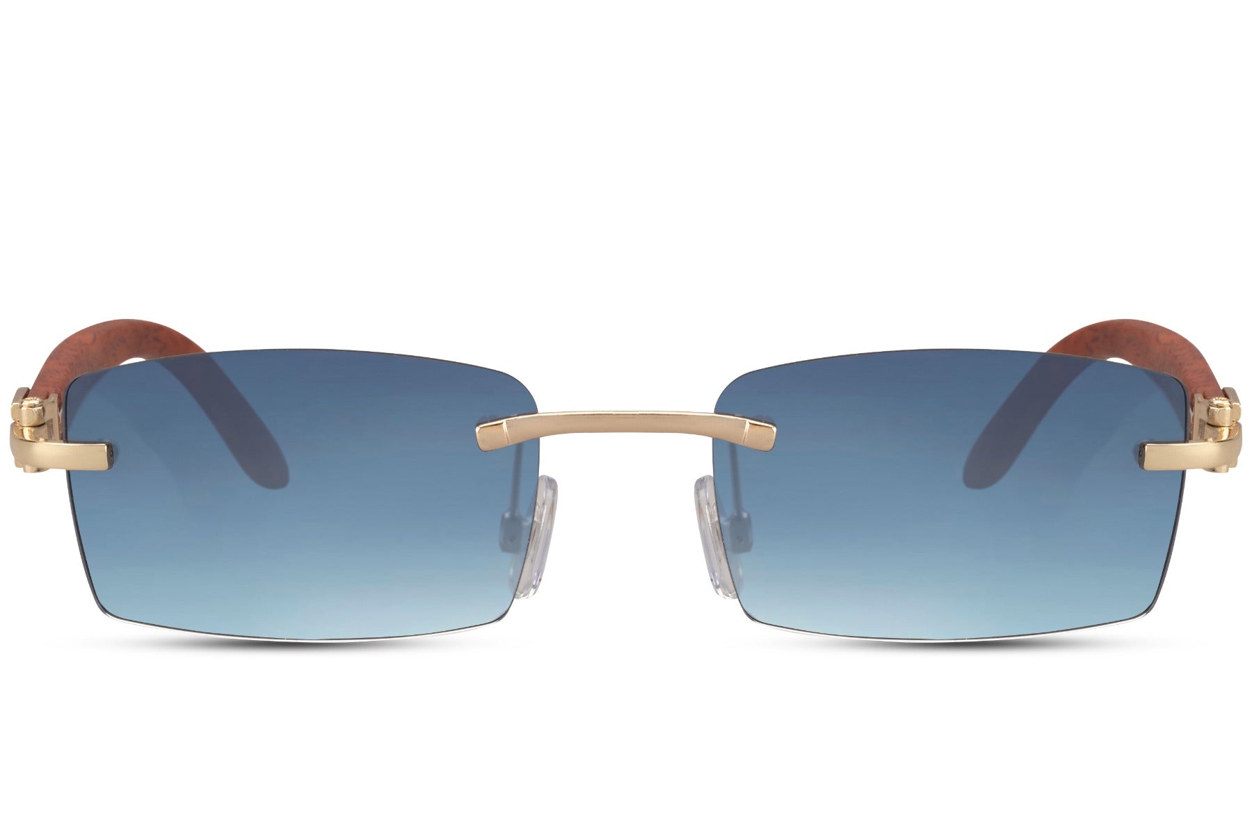 Sleek rimless rectangle sunglasses for men with elegant gold metal frame and blue gradient UV protection lens – stylish frameless rectangle shades for city wear and summer holidays, Sunglass Station free UK and Europe shipping
