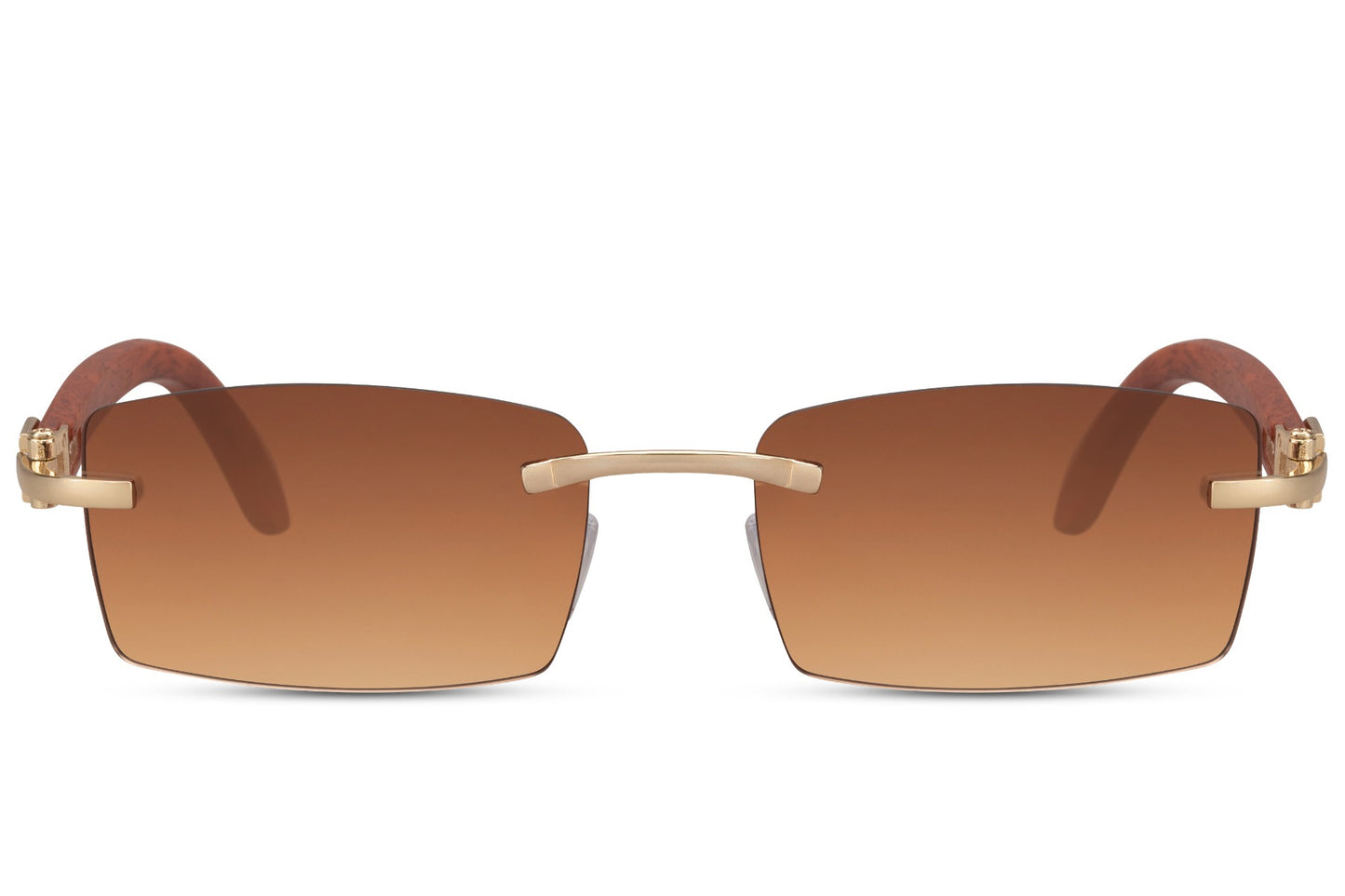 Sleek rimless rectangle sunglasses for men with elegant gold metal frame and cognac brown gradient UV protection lens – classic frameless rectangle shades for holidays and everyday styling, Sunglass Station free UK and Europe delivery