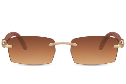 Sleek rimless rectangle sunglasses for men with elegant gold metal frame and cognac brown gradient UV protection lens – classic frameless rectangle shades for holidays and everyday styling, Sunglass Station free UK and Europe delivery