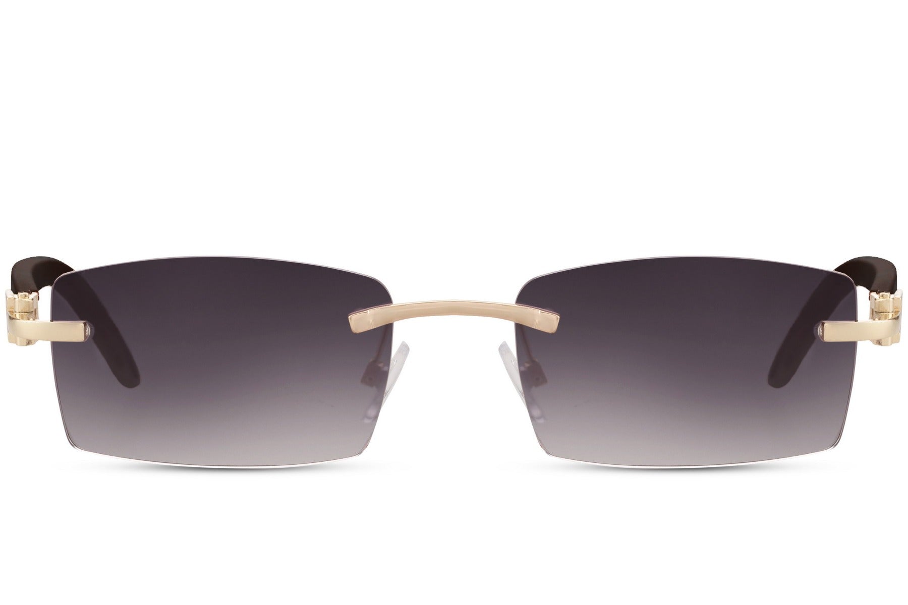 Sleek rimless rectangle sunglasses for men with gold metal frame and dark smoke UV protection lens – minimalist frameless rectangle shades for smart casual styling and city wear, free delivery across UK and Europe from Sunglass Station
