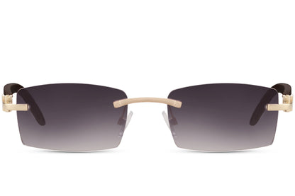 Sleek rimless rectangle sunglasses for men with gold metal frame and dark smoke UV protection lens – minimalist frameless rectangle shades for smart casual styling and city wear, free delivery across UK and Europe from Sunglass Station