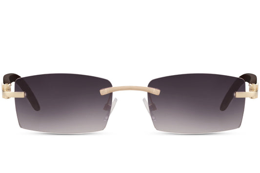 Sleek rimless rectangle sunglasses for men with elegant gold metal frame and smoke grey gradient UV protection lens – lightweight frameless rectangle shades for city wear and travel, free delivery across UK and Europe from Sunglass Station