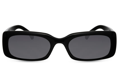 Sleek trendy rectangle sunglasses with black recycled polyester frame and dark smoke recycled UV protection lens – sharp minimalist eco-friendly retro rectangle shades for going out and everyday urban wear, free delivery across UK and Europe from Sunglass Station