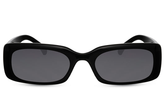 Sleek trendy rectangle sunglasses with black recycled polyester frame and dark smoke recycled UV protection lens – sharp minimalist eco-friendly retro rectangle shades for going out and everyday urban wear, free delivery across UK and Europe from Sunglass Station