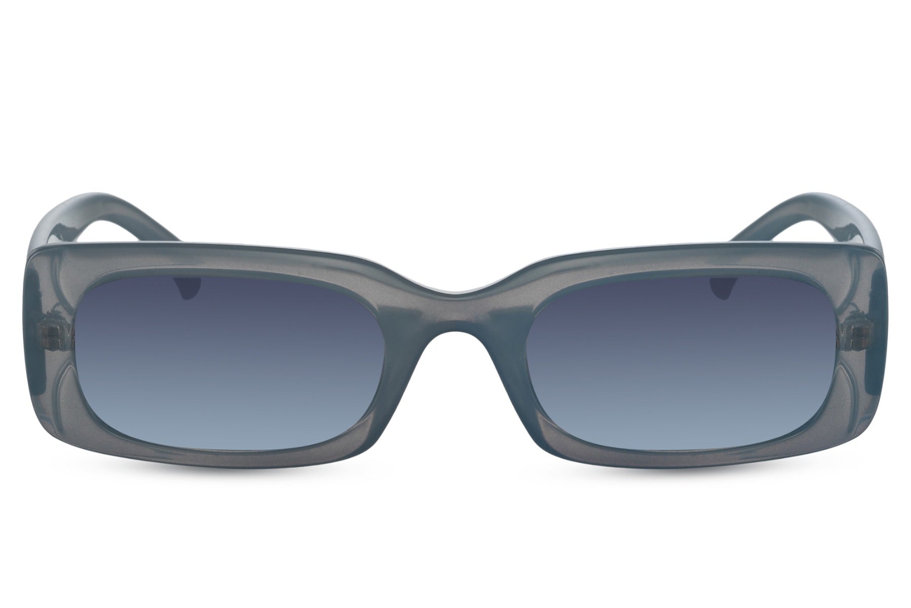 Sleek trendy rectangle sunglasses with blue recycled polyester frame and blue tinted recycled UV protection lens – cool sustainable retro rectangle shades for festivals and city street style, Sunglass Station free UK and Europe delivery