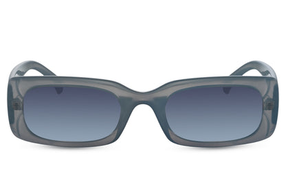 Sleek trendy rectangle sunglasses with blue recycled polyester frame and blue tinted recycled UV protection lens – cool sustainable retro rectangle shades for festivals and city street style, Sunglass Station free UK and Europe delivery