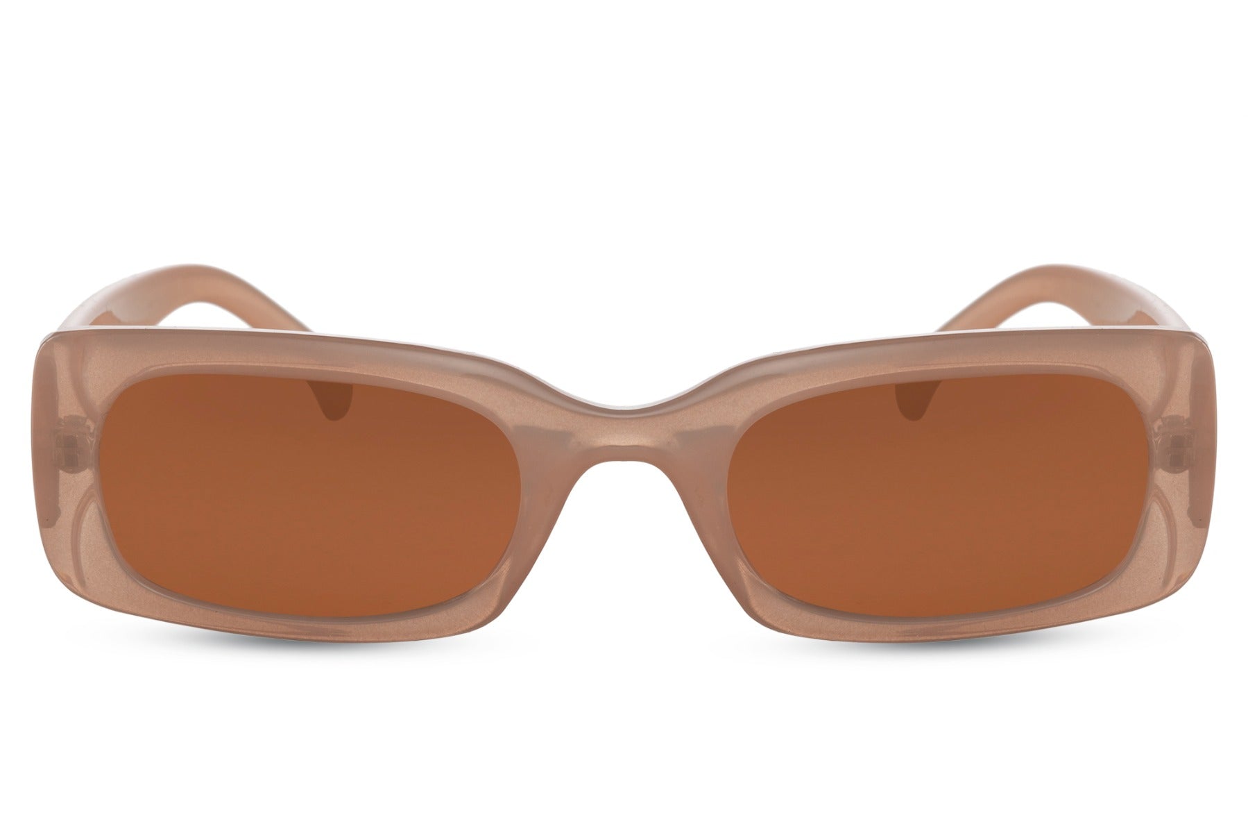 Sleek trendy rectangle sunglasses with nude recycled polyester frame and peach tinted recycled UV protection lens – chic barely-there retro rectangle shades for everyday styling and summer holidays, free delivery across UK and Europe from Sunglass Station