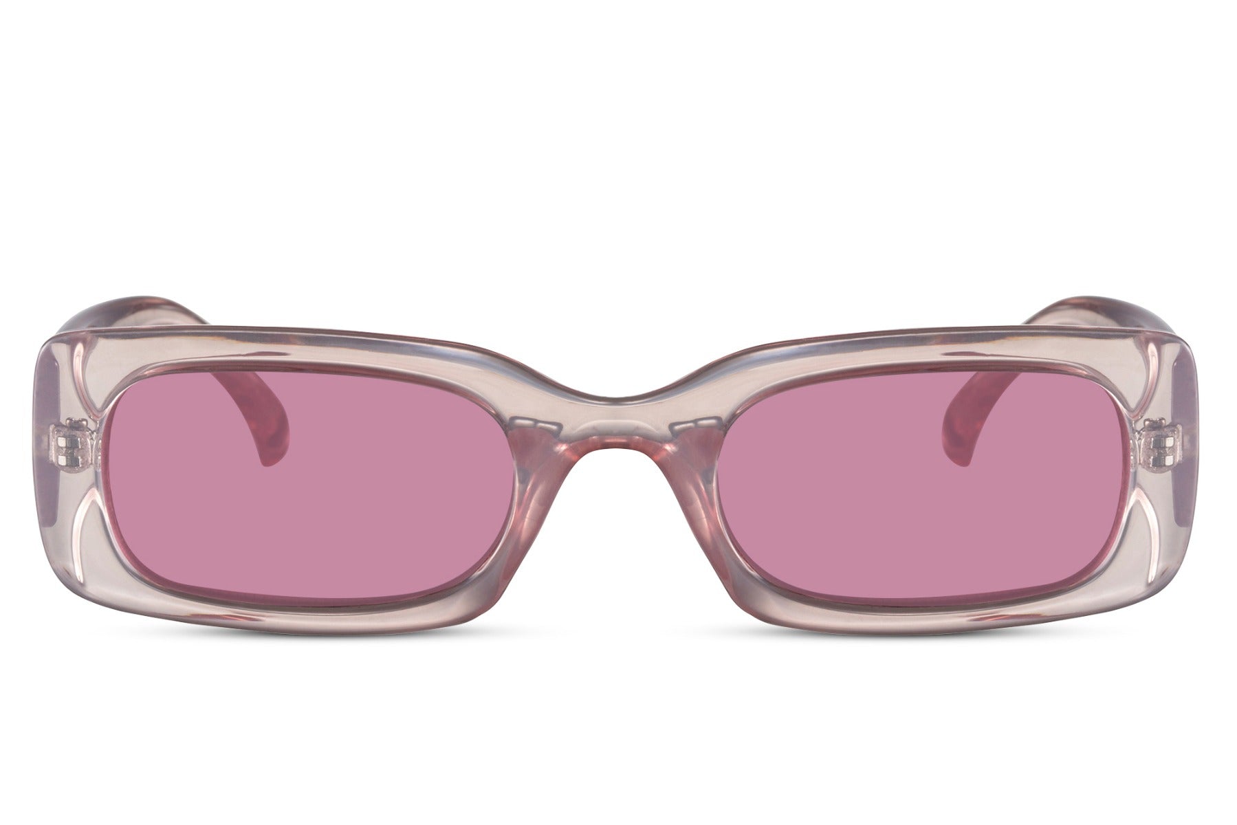 Sleek trendy rectangle sunglasses with pink recycled polyester frame and pink tinted recycled UV protection lens – sustainable barely-there Y2K retro shades for summer festivals and going out, free delivery across UK and Europe from Sunglass Station