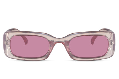 Sleek trendy rectangle sunglasses with pink recycled polyester frame and pink tinted recycled UV protection lens – sustainable barely-there Y2K retro shades for summer festivals and going out, free delivery across UK and Europe from Sunglass Station