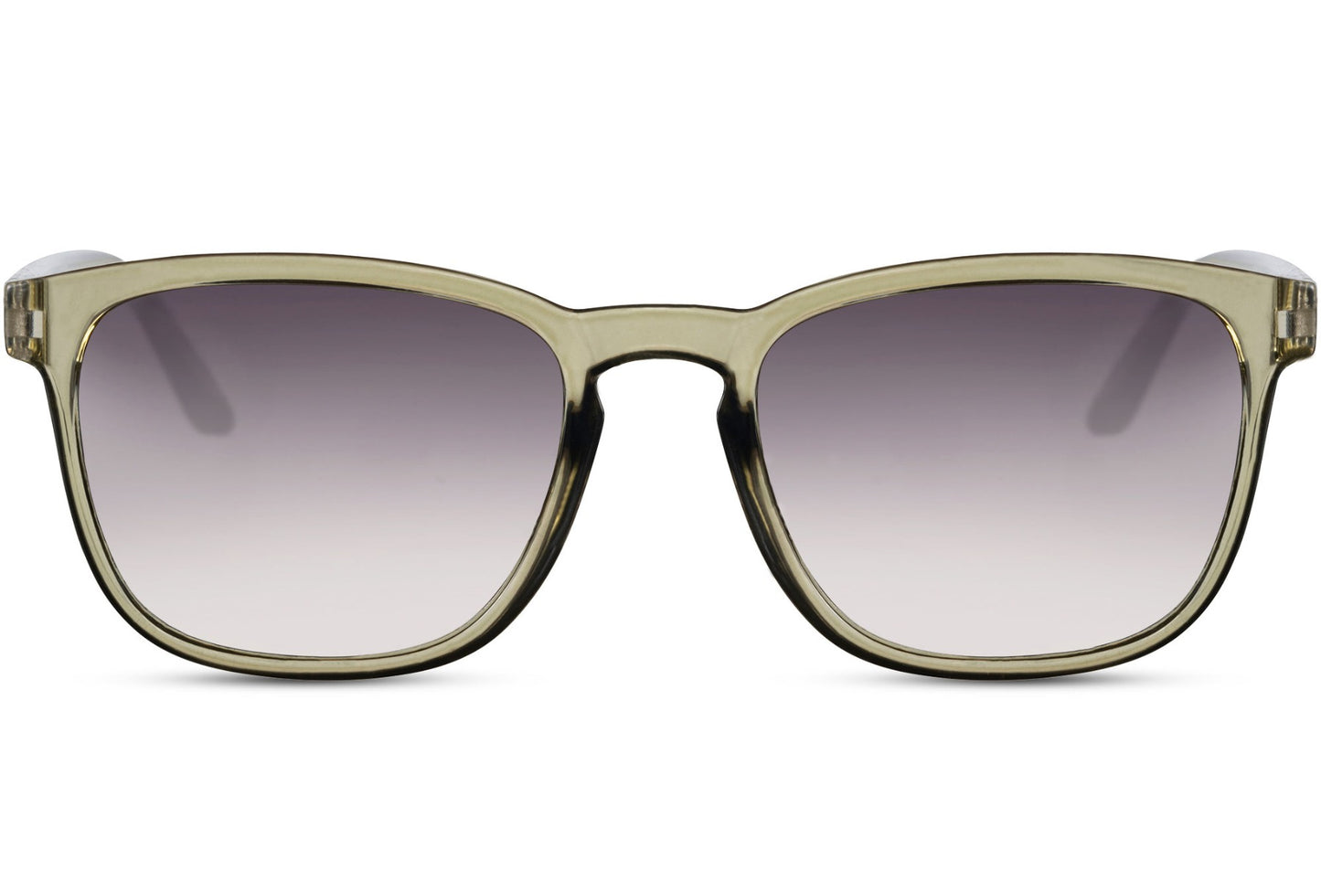 A pair of Wayfarer sunglasses with a square full frame. The sunglasses have a translucent frame and smokey lens.