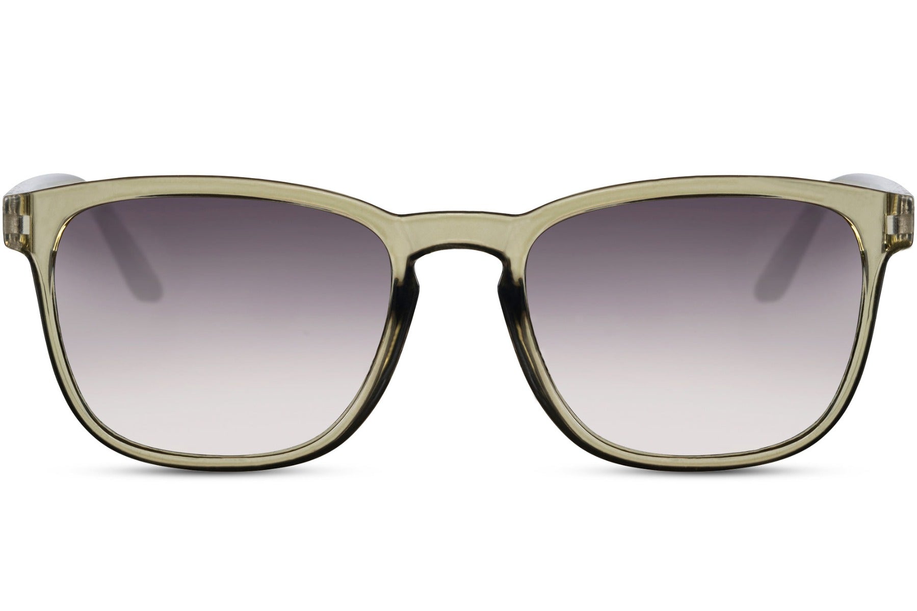 A pair of Wayfarer sunglasses with a square full frame. The sunglasses have a translucent frame and smokey lens.