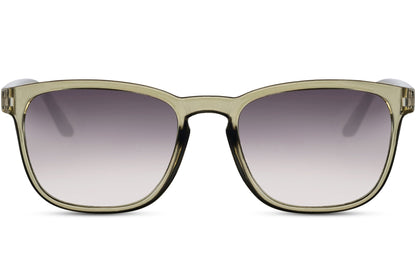 A pair of Wayfarer sunglasses with a square full frame. The sunglasses have a translucent frame and smokey lens.