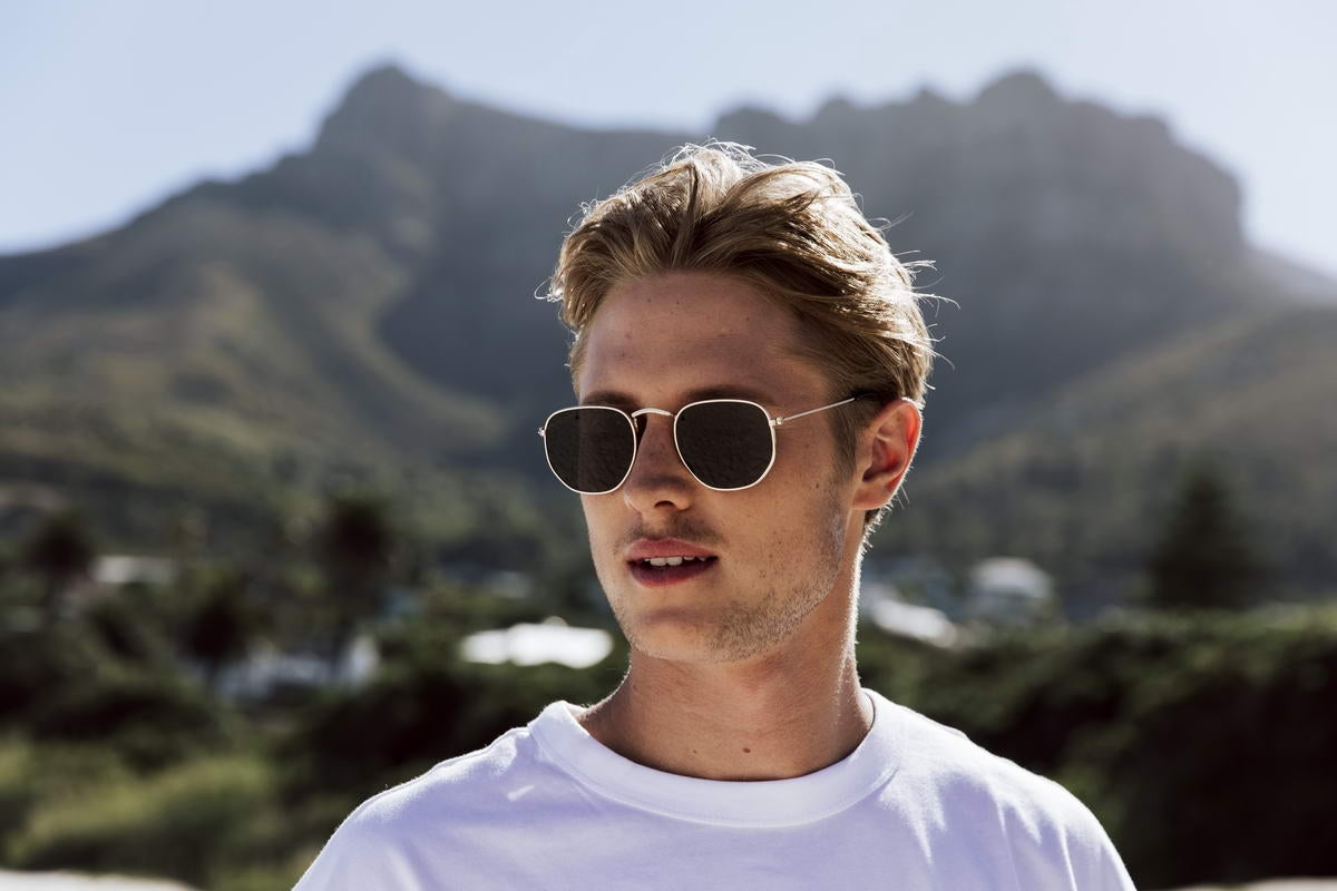 Men wearing Spain geometric round sunglasses silver frame UV400 protection lightweight polycarbonate lens stylish outdoor travel holiday eyewear free UK Europe shipping Sunglass Station