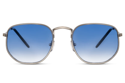 Spain geometric round sunglasses silver gunmetal frame blue gradient tinted lens UV400 protection lightweight polycarbonate men women trendsetter summer style free UK Europe shipping Sunglass Station