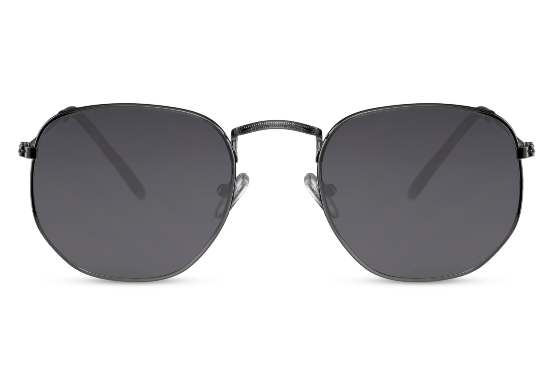 Spain geometric round sunglasses silver gunmetal frame smokey black tinted lens 100% UV400 UVA UVB protection men women fashion-forward all-day wear free UK Europe delivery Sunglass Station