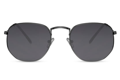 Spain geometric round sunglasses silver gunmetal frame smokey black tinted lens 100% UV400 UVA UVB protection men women fashion-forward all-day wear free UK Europe delivery Sunglass Station