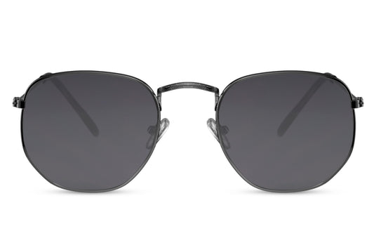 Spain geometric round sunglasses silver gunmetal frame smokey black tinted lens 100% UV400 UVA UVB protection men women fashion-forward all-day wear free UK Europe delivery Sunglass Station