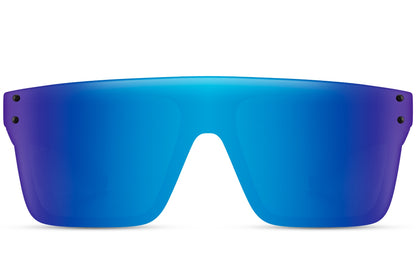 A pair of sports sunglasses with a full frame design, featuring blue mirrored lenses 