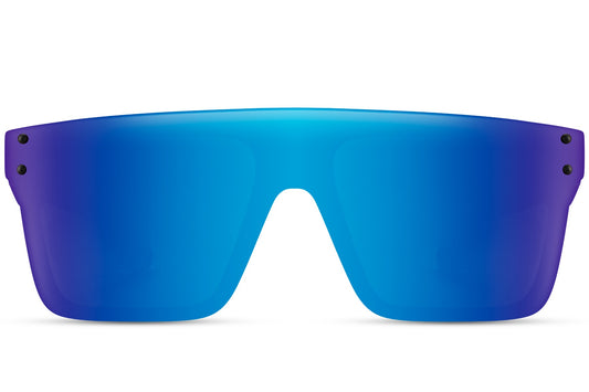 A pair of sports sunglasses with a full frame design, featuring blue mirrored lenses 