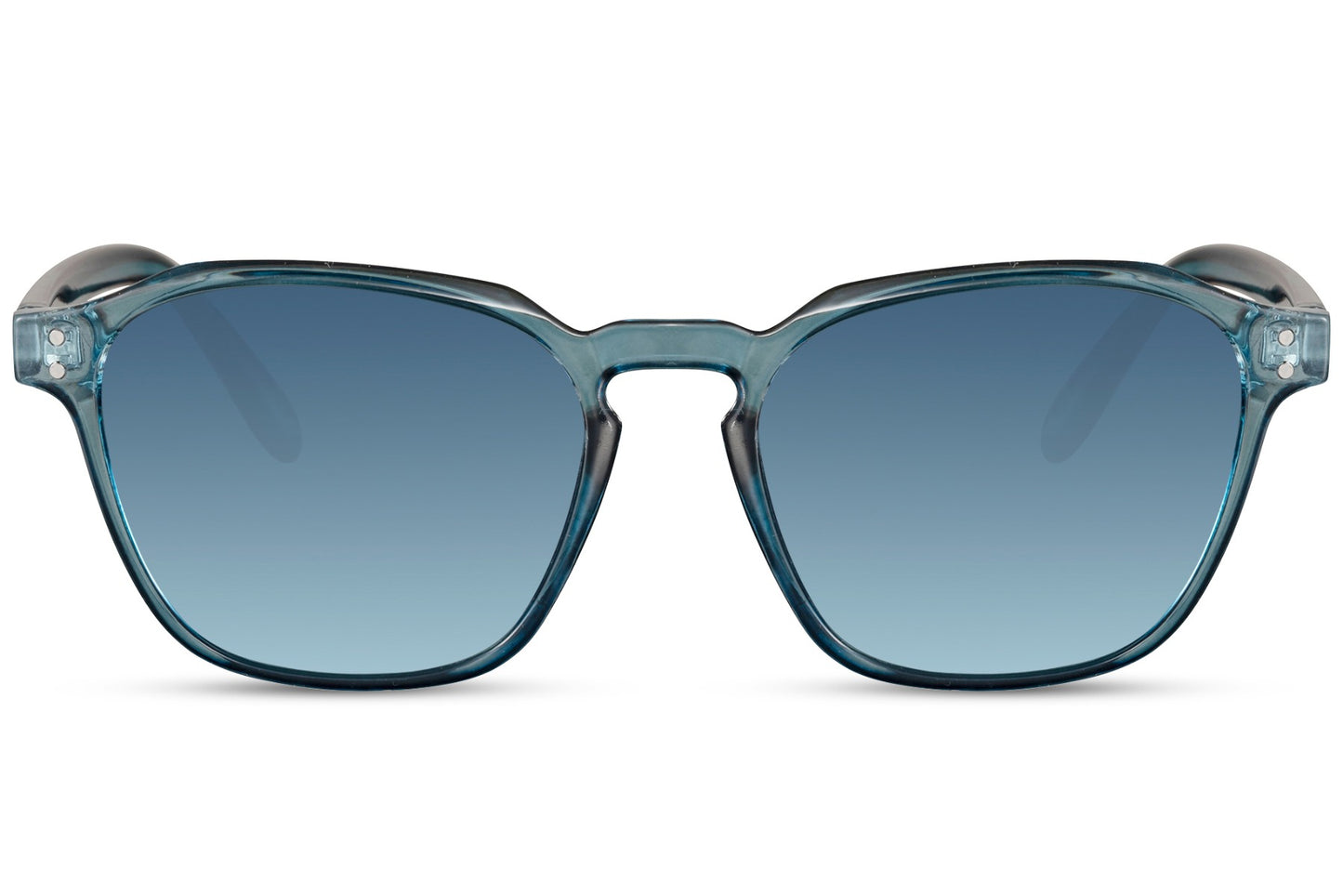 A pair of square-framed Wayfarer sunglasses with blue lenses and a blue frame.