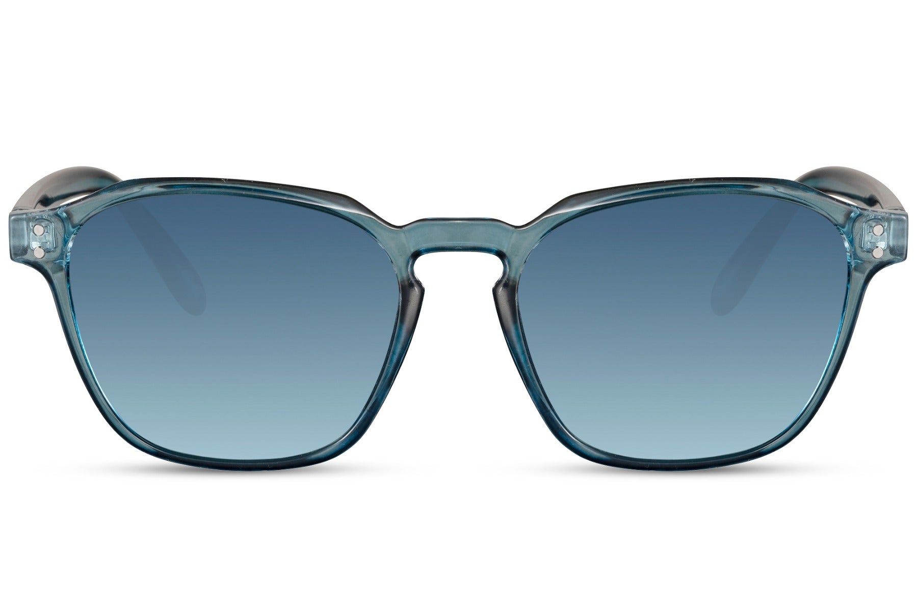 A pair of square-framed Wayfarer sunglasses with blue lenses and a blue frame.