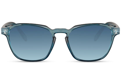 A pair of square-framed Wayfarer sunglasses with blue lenses and a blue frame.