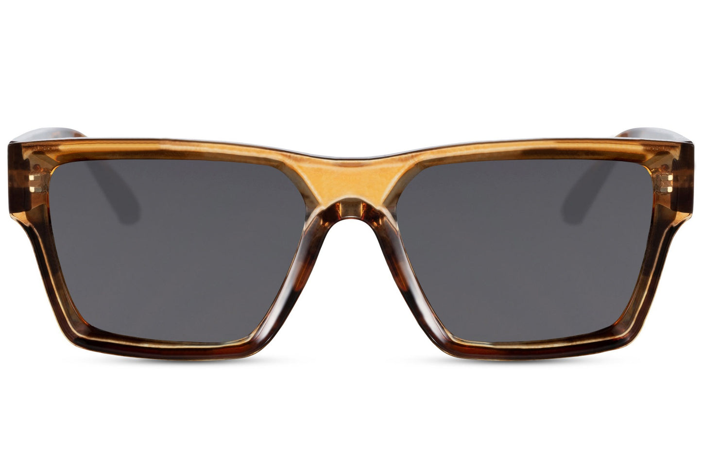 A pair of square-shaped sunglasses with a brown frame. The lenses are dark-colored and appear to be made of recycled polyester, providing 100% UV protection.