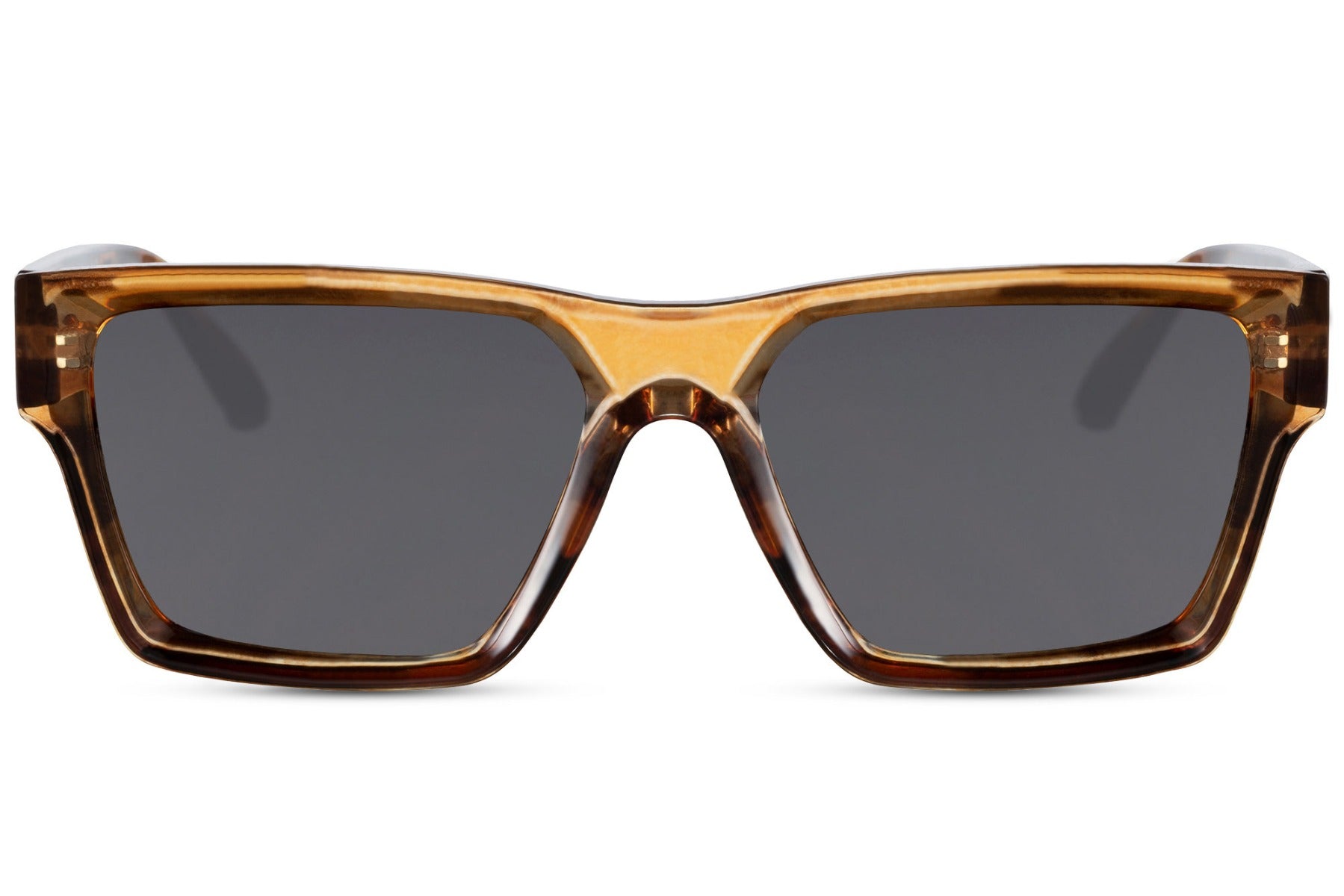 A pair of square-shaped sunglasses with a brown frame. The lenses are dark-colored and appear to be made of recycled polyester, providing 100% UV protection.