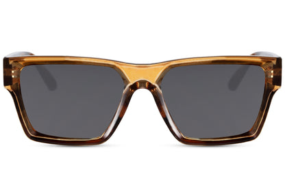 A pair of square-shaped sunglasses with a brown frame. The lenses are dark-colored and appear to be made of recycled polyester, providing 100% UV protection.