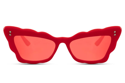 All-red statement cat-eye party sunglasses with translucent lens — unapologetically bold, the kind of eyewear that owns every room before you say a word