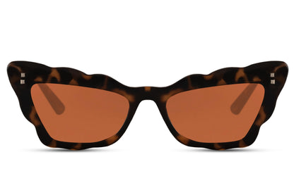 Brown tortoiseshell statement cat-eye party sunglasses with gold frame — old-money Riviera glamour in 100% recycled polyester, translucent lens, UV400