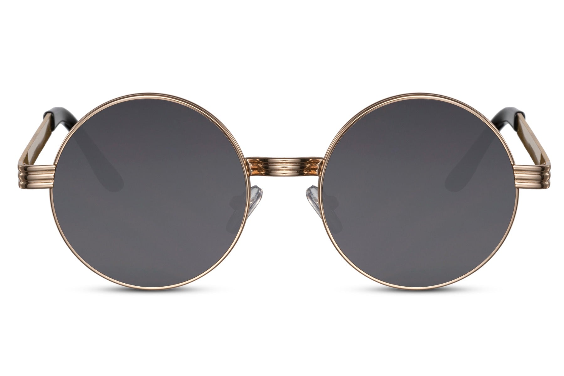 Statement classic round sunglasses glossy black polycarbonate frame dark smoke lens 100% UV400 protection men women bold sophisticated minimalist everyday city summer driving beach free UK Europe shipping Sunglass Station