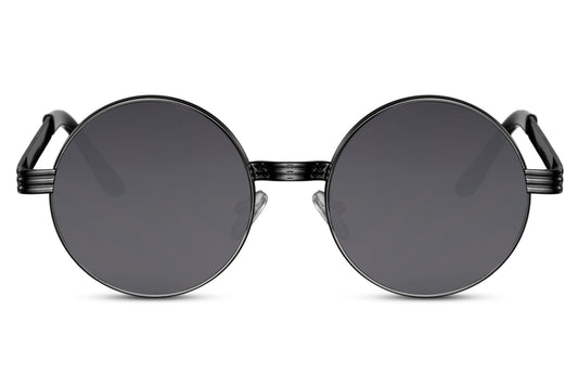 Statement classic round sunglasses glossy black polycarbonate frame rich black lens 100% UV400 protection men women bold iconic timeless everyday city summer beach driving free UK Europe delivery Sunglass Station