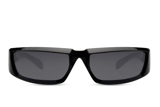 Black Station Onyx party sunglasses — slim low-profile rectangle visor in polycarbonate, 7cm wide lens across a 15cm frame, the sleek unisex silhouette for men and women who dress with precision, UV400