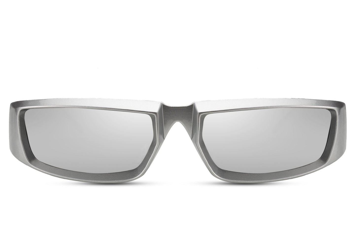Silver chrome Station Onyx party sunglasses with mirror lens — the same slim rectangle visor in reflective chrome, futuristic unisex eyewear for men and women who treat the mirror lens as armour, free delivery UK & Europe, UV400