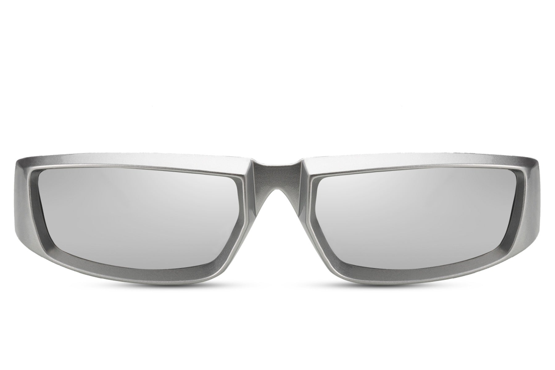 Silver chrome Station Onyx party sunglasses with mirror lens — the same slim rectangle visor in reflective chrome, futuristic unisex eyewear for men and women who treat the mirror lens as armour, free delivery UK & Europe, UV400