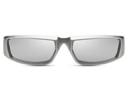 Silver chrome Station Onyx party sunglasses with mirror lens — the same slim rectangle visor in reflective chrome, futuristic unisex eyewear for men and women who treat the mirror lens as armour, free delivery UK & Europe, UV400
