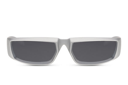 silver Station Onyx party sunglasses — slim chrome rectangle visor with mirror lens showing full 15cm frame width, directional minimal eyewear for festival season and city breaks | Sunglass Station