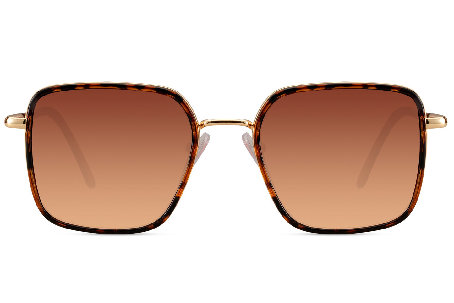 Amber brown square sunglasses for women with lightweight metal frame and modern minimalist fashion styling