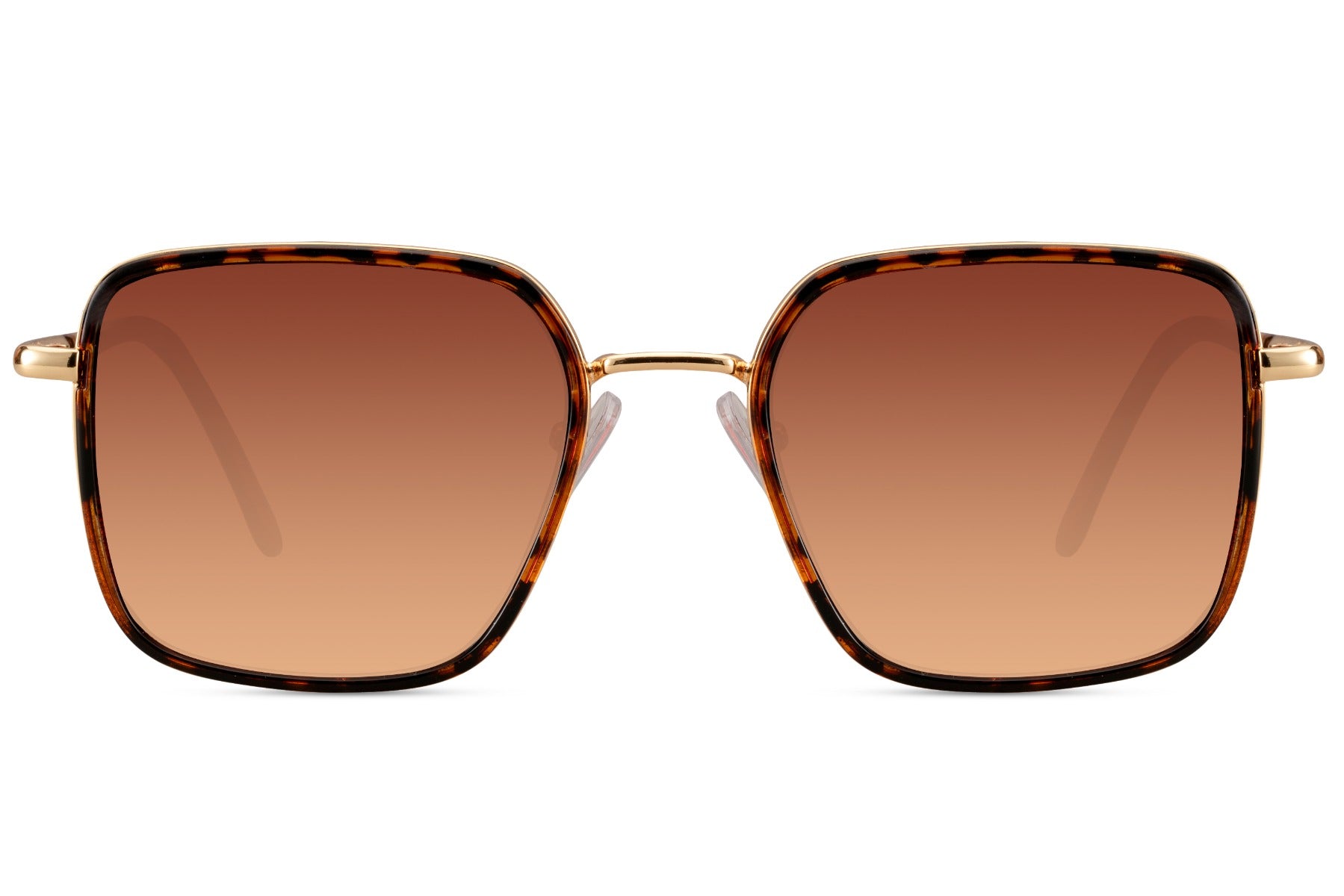 Amber brown square sunglasses for women with lightweight metal frame and modern minimalist fashion styling