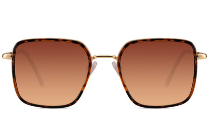 Amber brown square sunglasses for women with lightweight metal frame and modern minimalist fashion styling