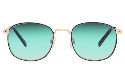 Amsterdam rounded square sunglasses with green tinted lenses and slim copper frame for men and women casual fashion