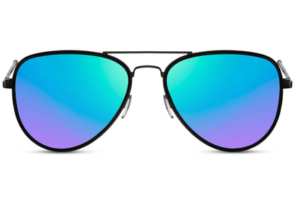 Blue mirrored aviator sunglasses designed for beach style and sunny holidays, polarized lenses reduce glare for clear outdoor vision